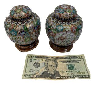 VTG Set of Two Zi Jin Cheng Cloisonné Ginger Jars Lids & Bases Handmade 8168